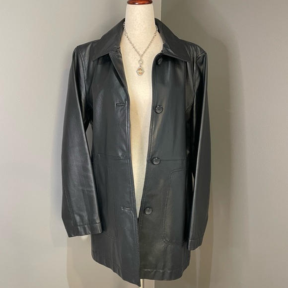 Free People Jackets & Blazers - Vintage 90s Black Leather Jacket Large Minimalist Grunge Goth Biker Trench Coat